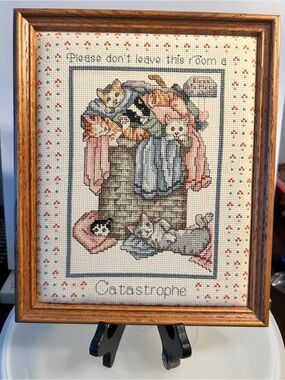 Framed Cat Cross-Stitch Art - Multicolor